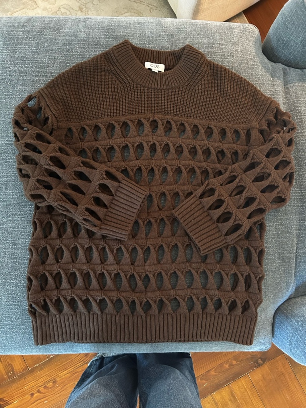COS Brown Open-Knit Crewneck Sweater